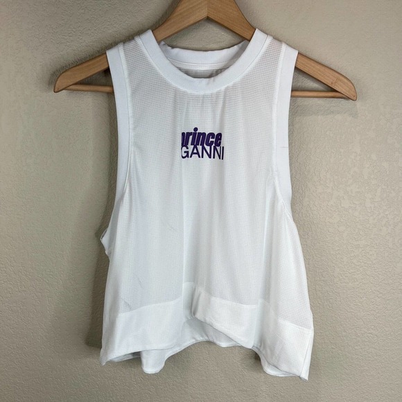 Ganni Bright White Tank Crop Top Large Prince Edition Active Mesh Asymmetric Hem - Picture 1 of 11